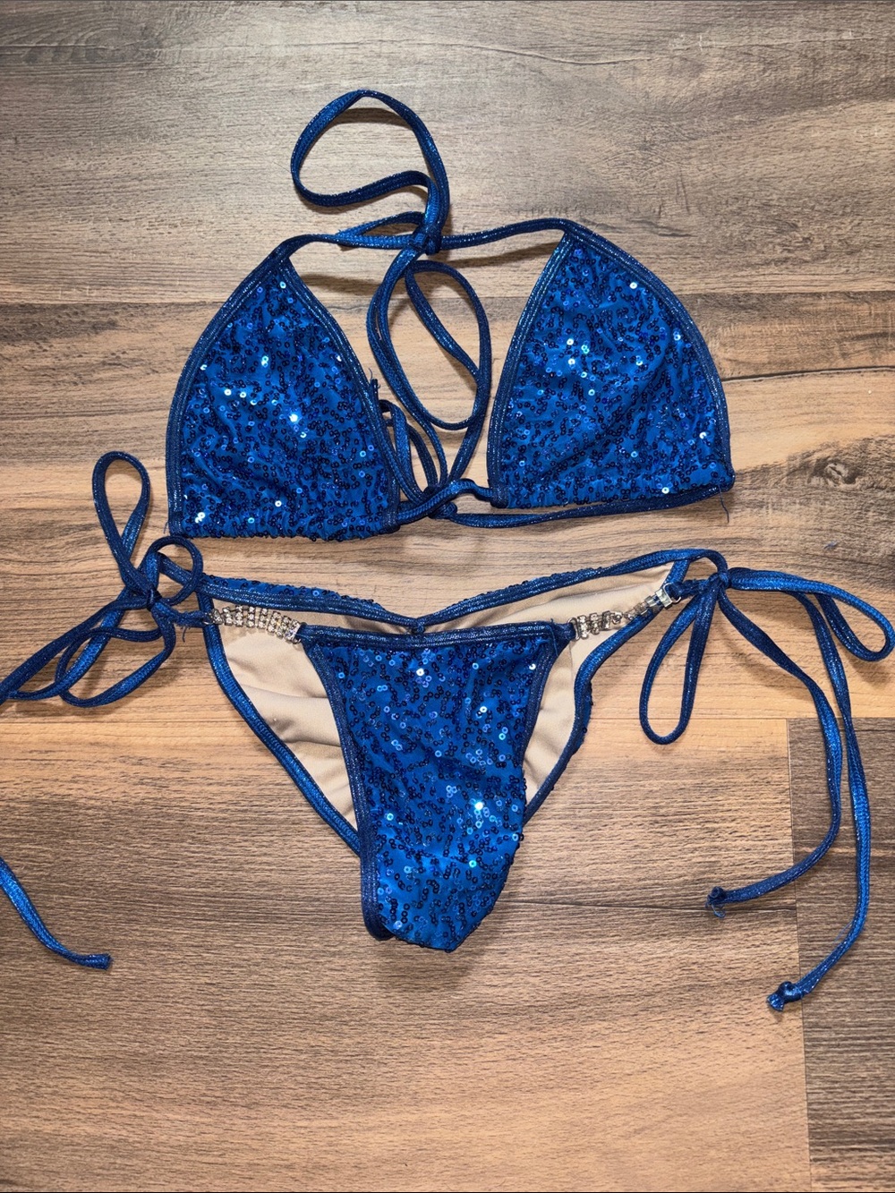 Blue Sequin String Bikini Set